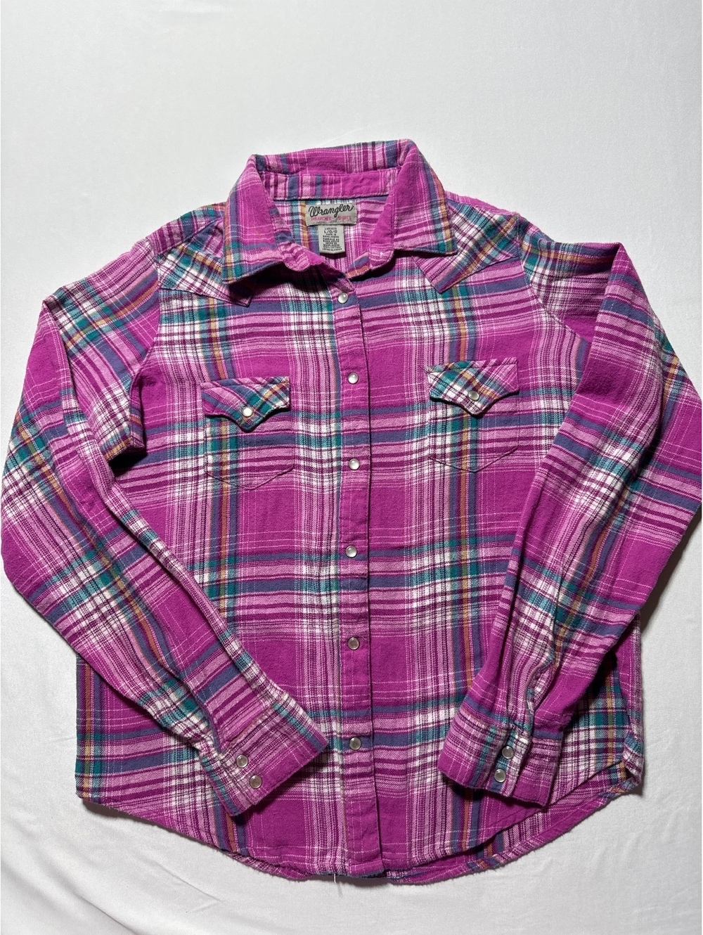 Wrangler Pink Plaid Snap Button Flannel Shirt - Size L - Flâ